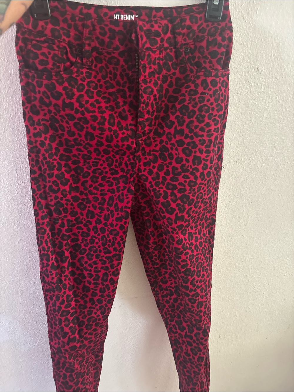 HT Denim Red and Black Leopard Print Skinny Pants